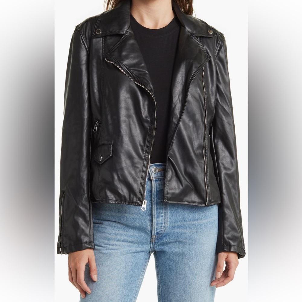French Connection Black Leather Moto Jacket Asymmetrical Zipper - Picture 2 of 7